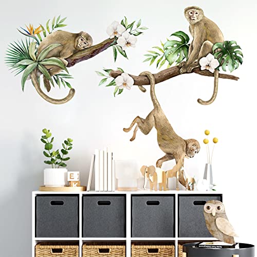 Mfault Monkey Climbing Tree Wall Decals Stickers, Jungle Animals Nursery Decorations Baby Boys Girls Bedroom Art, Kids Toddlers Room Playroom Classroom Daycare Decor - PUF HOUSE